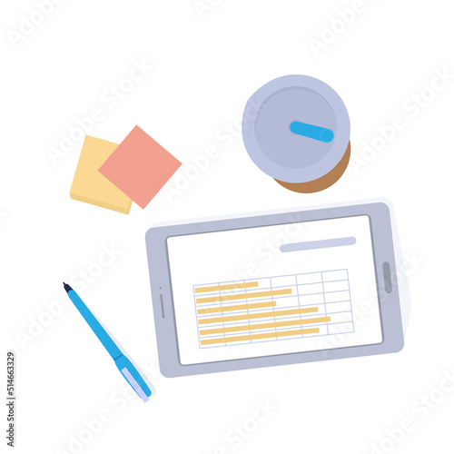 Table top view. Digital tablet on desk. Office workplace. Drink glass and stationery. Portable electronic device. Modern workspace. Pen and notes. Notebook screen. Vector work scene