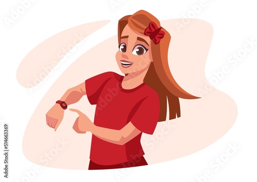 Child with watch. Kid looks to hand with wristwatch. Clock face. Time measurement. Punctual teenager showing timepiece on arm wrist. Vector cartoon person pointing with finger at dial