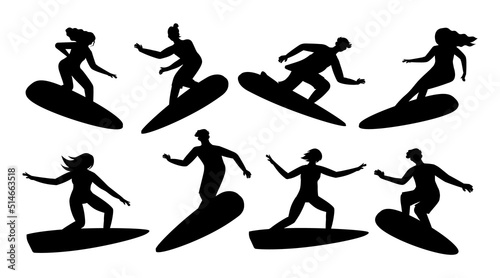 Surfer silhouettes. Surfing person with wave and surfboard. Art board man and woman silhouets. Extreme black and white logo. Water sport. Summer activity. Vector sportsmen poses set