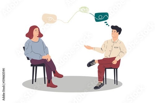 Psychological consultation. Counseling or mental support from addiction. Doctor consulting patient. Persons sitting on chairs. Speech bubbles with tangled mind. Vector psychologist session