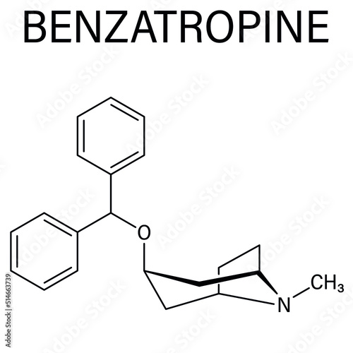 Skeletal formula of Benzatropine or benztropine anticholinergic drug molecule. Used in treatment of Parkinson's disease and Parkinsonism.
