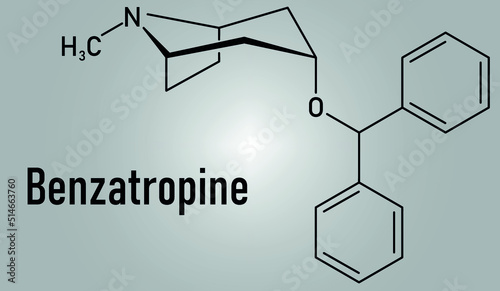 Skeletal formula of Benzatropine or benztropine anticholinergic drug molecule. Used in treatment of Parkinson's disease and Parkinsonism.