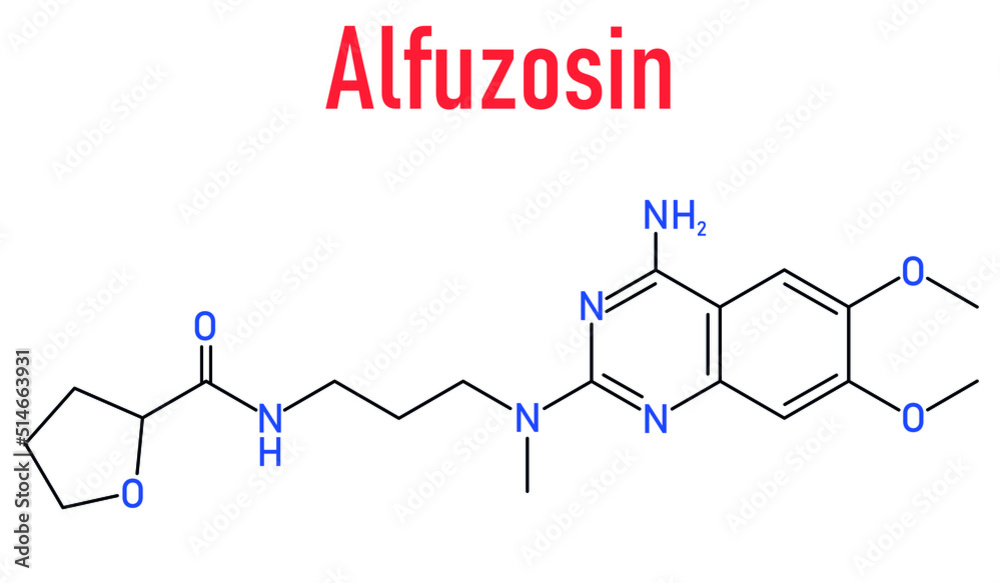Skeletal formula of Alfuzosin benign prostate hyperplasia or BPH drug molecule. Skeletal formula of Alfuzosin benign prostate hyperplasia or BPH drug molecule.