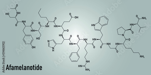 Skeletal formula of Afamelanotide or melanotan-1 photoprotective drug molecule.