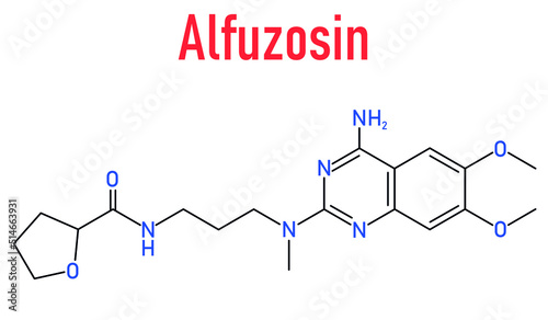 Skeletal formula of Alfuzosin benign prostate hyperplasia or BPH drug molecule.