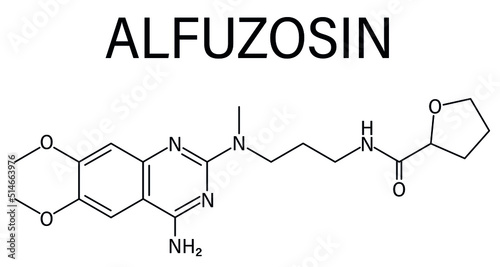 Skeletal formula of Alfuzosin benign prostate hyperplasia or BPH drug molecule.