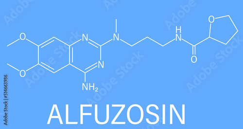 Skeletal formula of Alfuzosin benign prostate hyperplasia or BPH drug molecule.