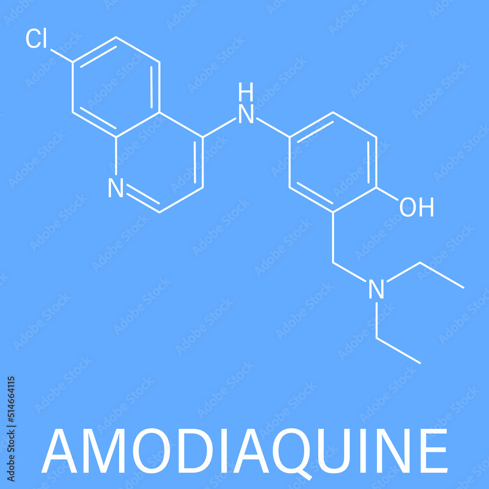 Skeletal formula of Amodiaquine anti-malarial drug molecule Skeletal formula of Amodiaquine anti-malarial drug molecule