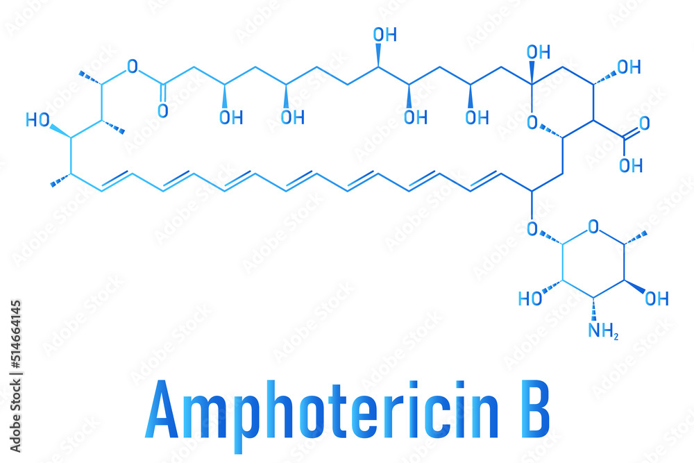 Skeletal formula of Amphotericin B antifungal drug molecule. Skeletal formula of Amphotericin B antifungal drug molecule.