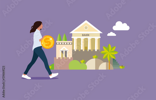 Money investment. Businesswoman carrying currency, bank financing, money exchange, saving or accumulating money.