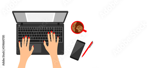 Top view of a woman working on a laptop. Hands with a red manicure on a gray laptop, a smartphone, a red cup of coffee and a pen on a white background with copy space