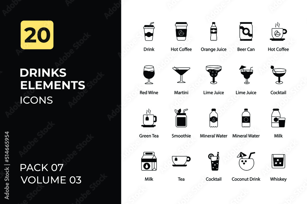 Drinks Icons Collection. Set contains such Icons as Herbal, Pina Colada, Champagne, Red Wine, and more.