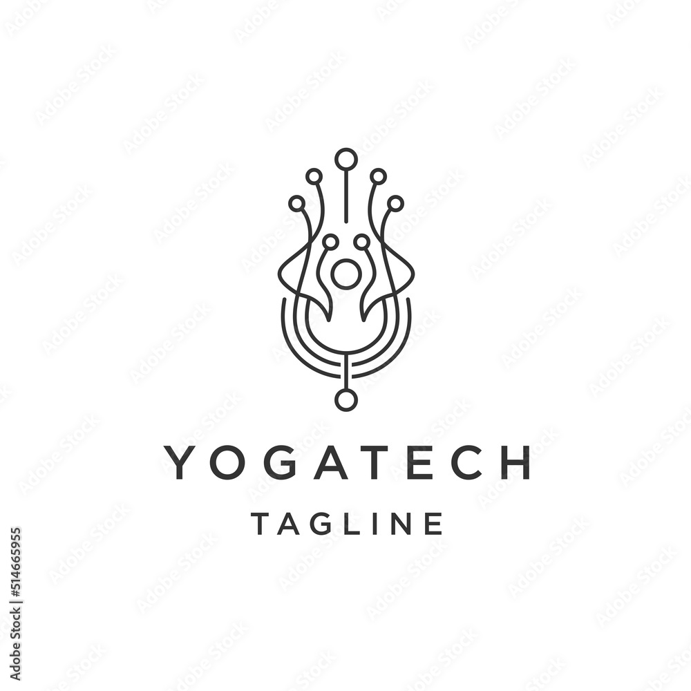 Yoga technology line logo design template flat vector
