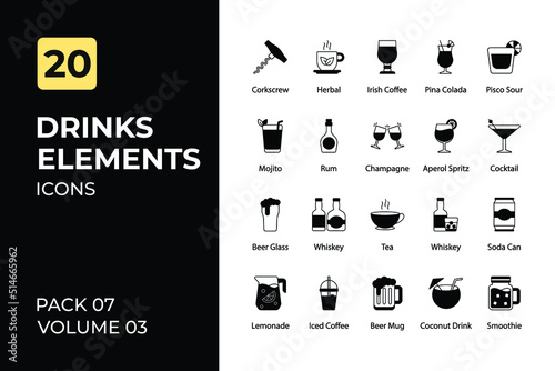 Drinks Icons Collection. Set contains such Icons as Herbal, Pina Colada, Champagne, Red Wine, and more.