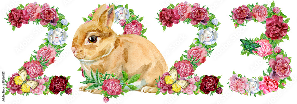 Happy New Year 2023 with rabbit, watercolor flowers and leaves background