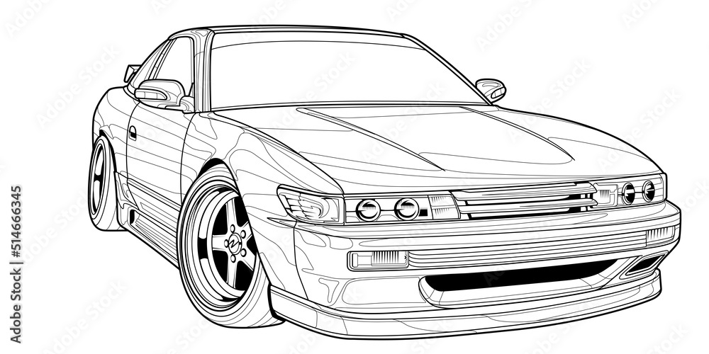 Coloring page vector line art illustration car for book and drawing. Black  contour sketch. Isolated on white background. High-speed drive vehicle.  Graphic element. Stroke without fill Stock Vector