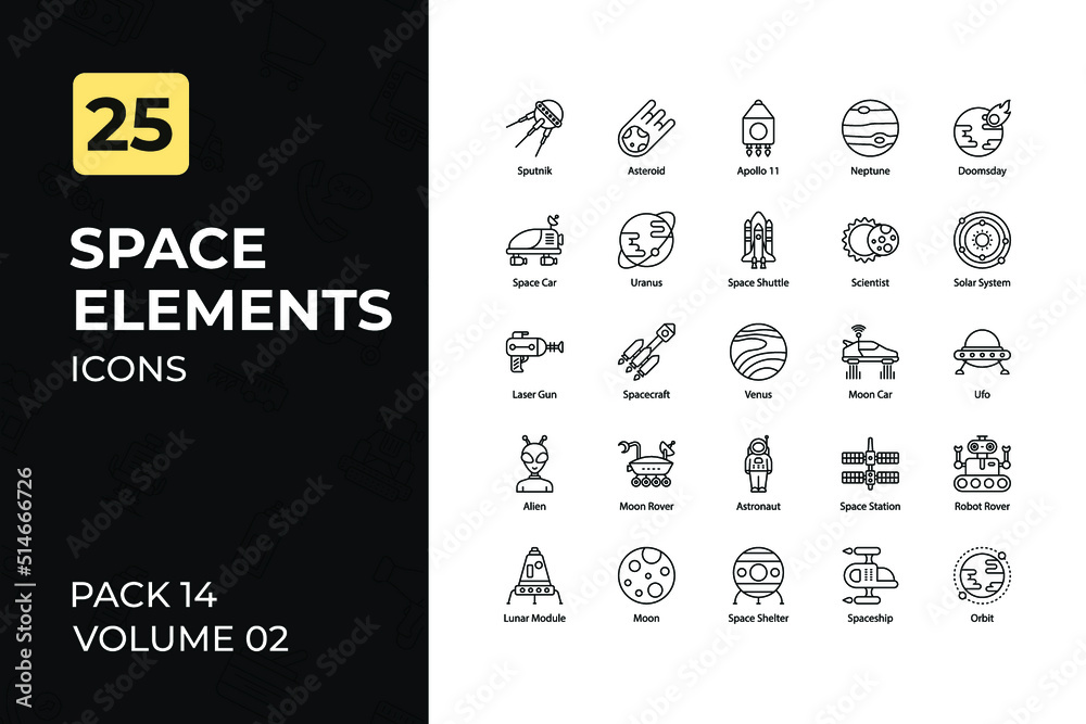 Space Icons Collection. Set contains such Icons as Space, Astronaut, Alien, Weapon, and more.