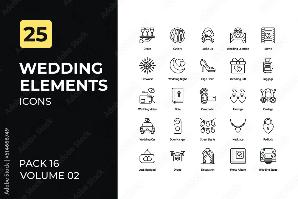 Wedding elements Icons Collection. Set contains such Icons as Wedding, Wedding Ring, Bride, and so more 