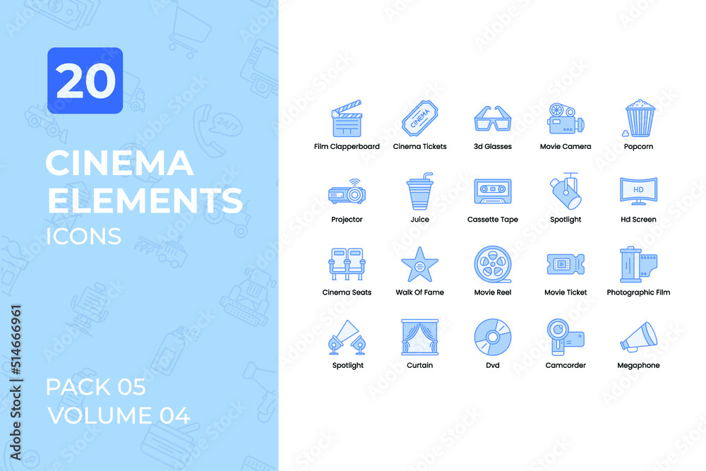 Cinema icons Collection. Set contains such Icons as Film Clapperboard, Cinema Tickets, Cassette Tape, Hd Screen, and more.