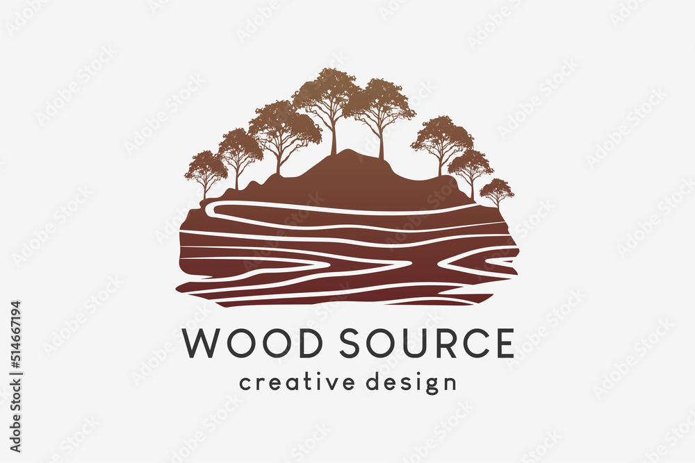 Wood forest logo design, tree silhouettes combined with wood patterned hills in a creative concept