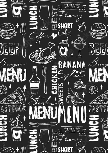 Vector seamless pattern with handwritten words and elements of food, drinks, dishes. Chalk effect on black board. Desing and decoration fo kithcen and cafe menu. chalkboard vintage style.