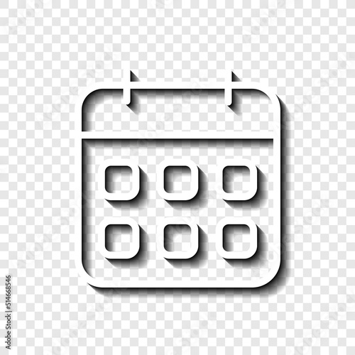 Calendar simple icon vector. Flat design. White with shadow on transparent grid.ai