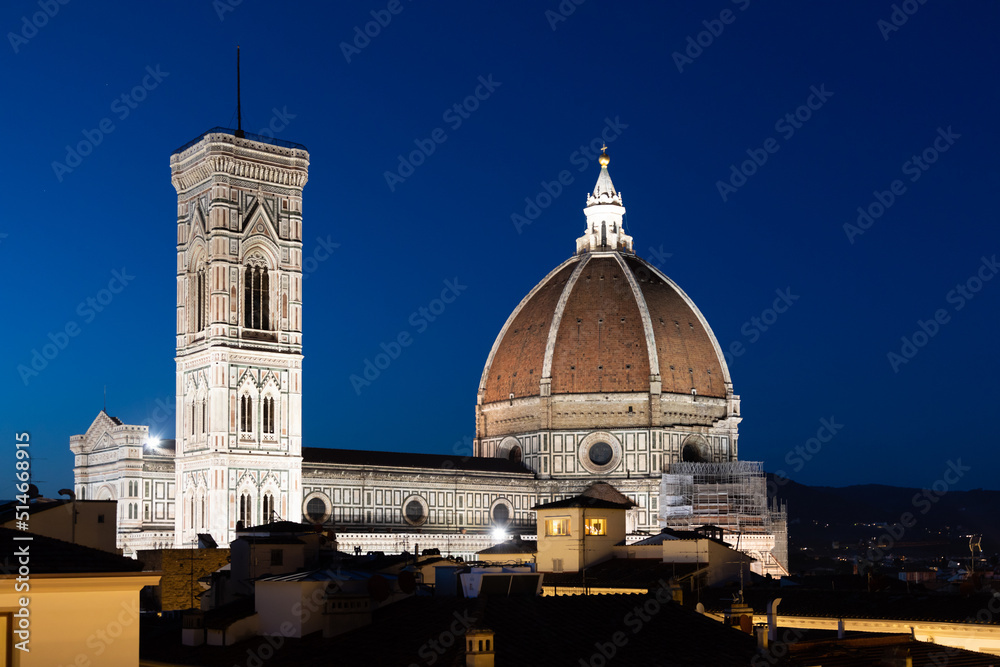 Florence Duomo and Campanile - Bell Tower - architecture illuminated by night, Italy. Urban scene in exterior - nobody.