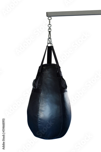 boxing bag on a chain hanging on a crossbar isolated on a white background © Fotograf