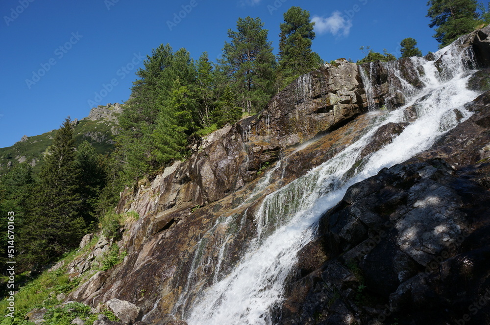 Czarnostawianska Siklawa – cascading waterfall in the Polish High Tatras. Tatra National Park, Poland.