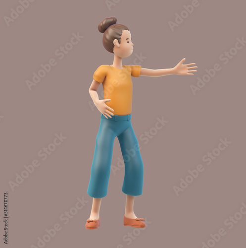 3d render Asian girl Show different gestures on a brown background