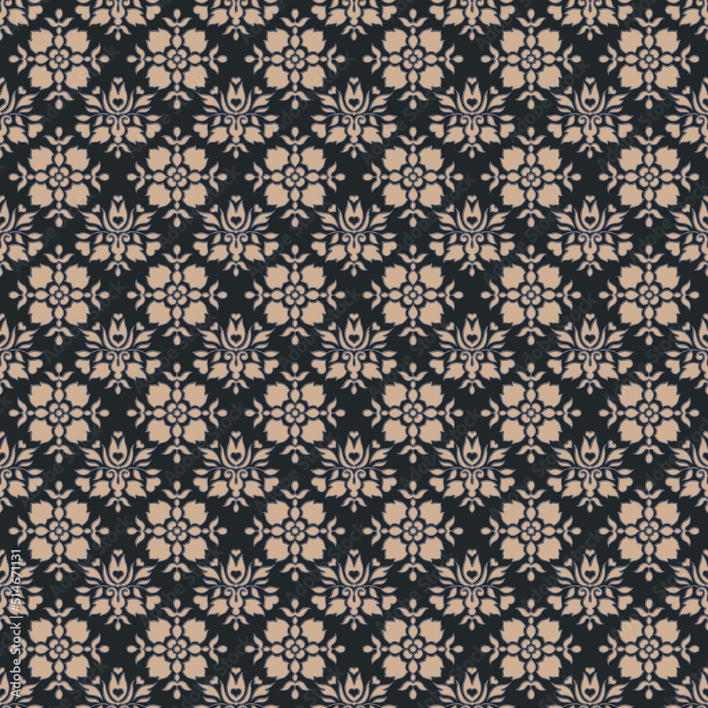 Seamless Damask Wallpaper Pattern in Deep Navy, Black, and Tan