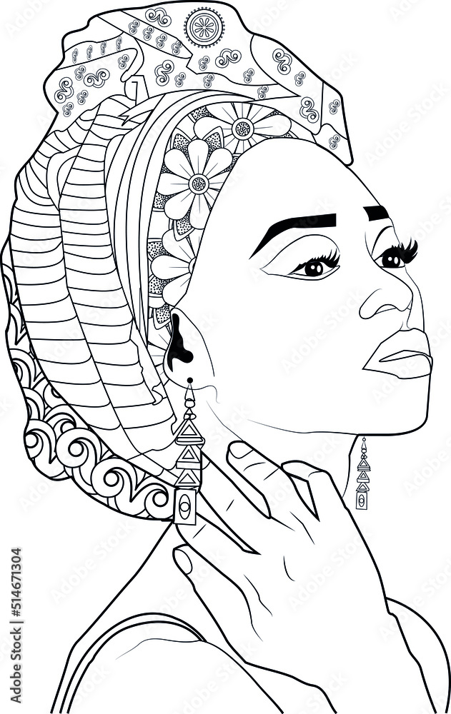 Black Women Face Coloring Page For Adults Stock Vector | Adobe Stock