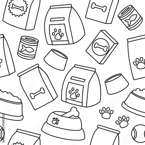 Pet food seamless pattern. Food for cats and dogs set. Pet store. Bowl, Packaging, Advertising. Vector flat illustration isolated on background. Line art