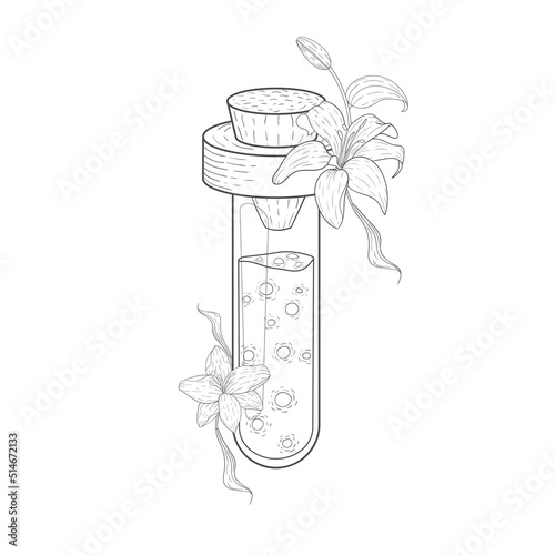 Hand drawn magic bottle. Vial with flower. Gothic style. Vector illustration isolated. Tattoo design, magic symbol for your use.