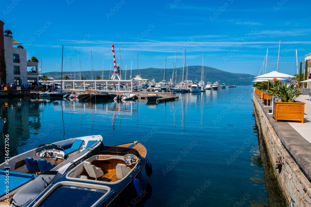 Motor boats await near the Porto Montenegro Marina and Mall