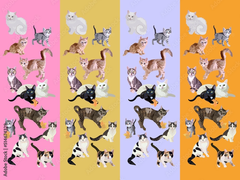 Vector vertical cards with group of cats. Beautiful bookmarks with