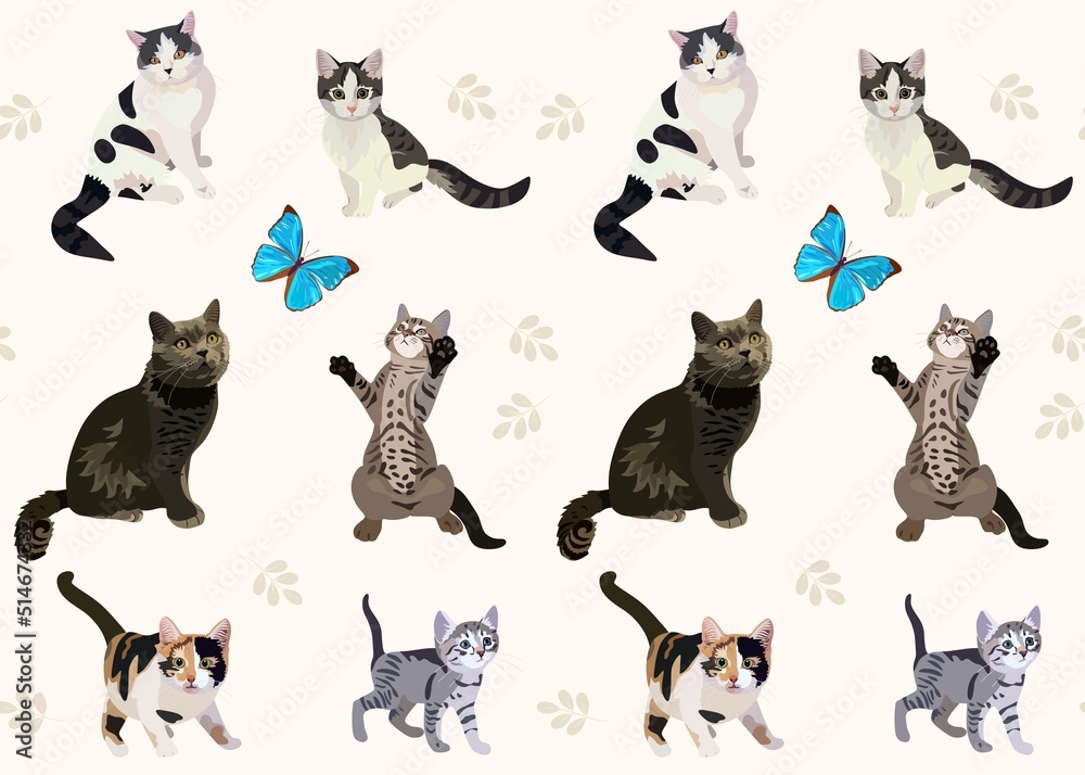 Cats isolated on white background in vector. Seamless animal print for fabric, wallpaper with cats of different breeds and big blue butterflies.