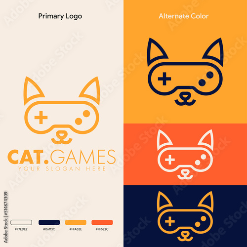 simple minimalist cute cat joystick gamepad gaming logo design