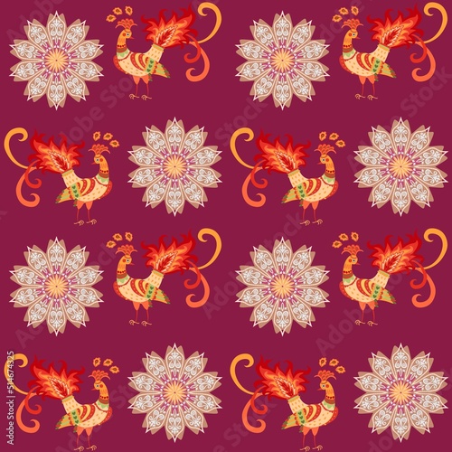 Seamless festive print for fabric with chamomile mandalas and fabulous peacocks on purple background in vector. Ethnic style. Indian  Turkish  Damascus motifs.
