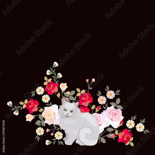 A beautiful print for a T-shirt, napkin, pillow, postcard with a fluffy white cat in front of a luxurious bouquet of roses on a black background in vector.