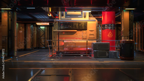 Fototapeta Naklejka Na Ścianę i Meble -  Dark moody futuristic science fiction space ship interior. 3D rendering.