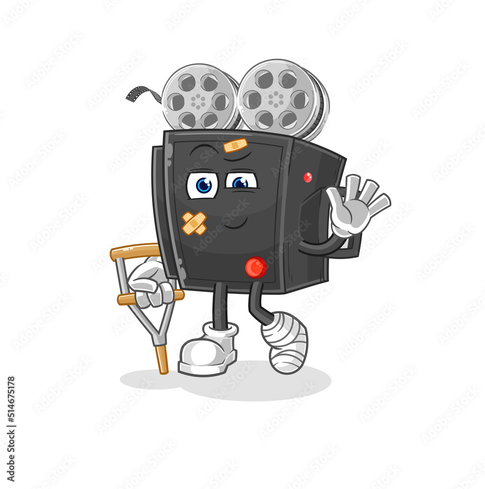 film camera sick with limping stick. cartoon mascot vector film camera sick with limping stick. cartoon mascot vector