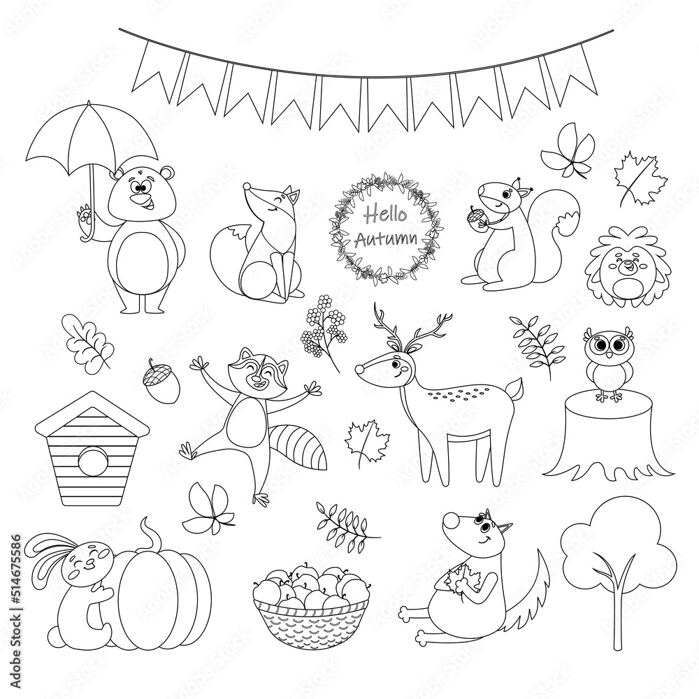 Fototapeta premium Forest animals. Autumn collection in line style