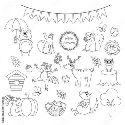 Forest animals. Autumn collection in line style