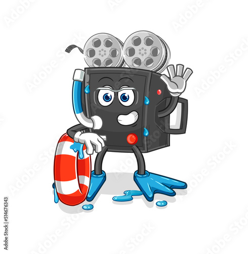 film camera swimmer with buoy mascot. cartoon vector