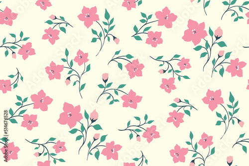 Seamless floral pattern, cute ditsy print with small pink flowers on white. Rustic botanical background design with hand drawn flowers, leaves on tiny twigs. Vector illustration.