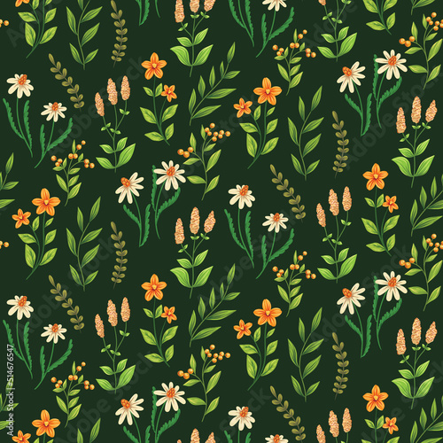 Seamless floral pattern, beautiful ditsy print with wild flowers, herbs on a green field. Vintage botanical background with summer meadow, hand drawn small flowers, leaves. Vector illustration.