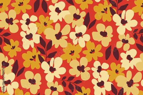 Seamless floral pattern, retro style ditsy print with small yellow flowers, leaves on a red field. Trendy botanical background with liberty meadow, hand drawn flowers and leaves. Vector illustration.