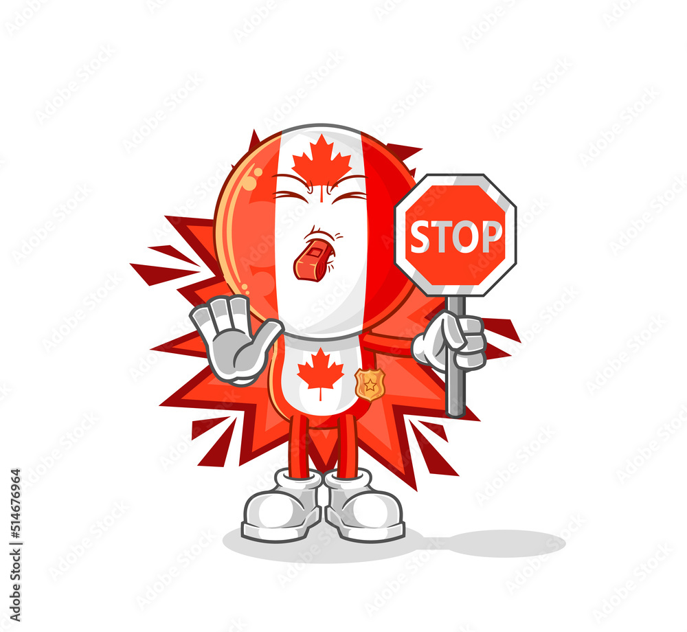 Fototapeta premium canada flag head holding stop sign. cartoon mascot vector