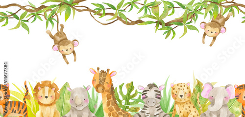 Seamless border with wild animal landscape. Illustration of cute cartoon wild animals from the African savannah, including a hippopotamus, lion, tiger, monkey, elephant, giraffe, leopard and zebra.